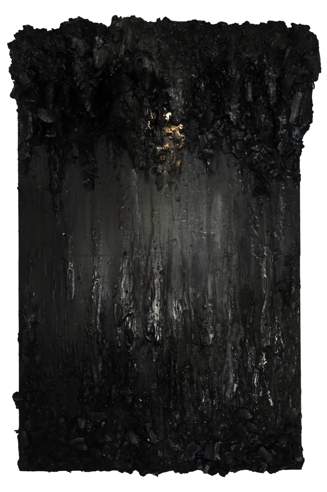 Dawning, a black textured mixed-media work with a small point of light