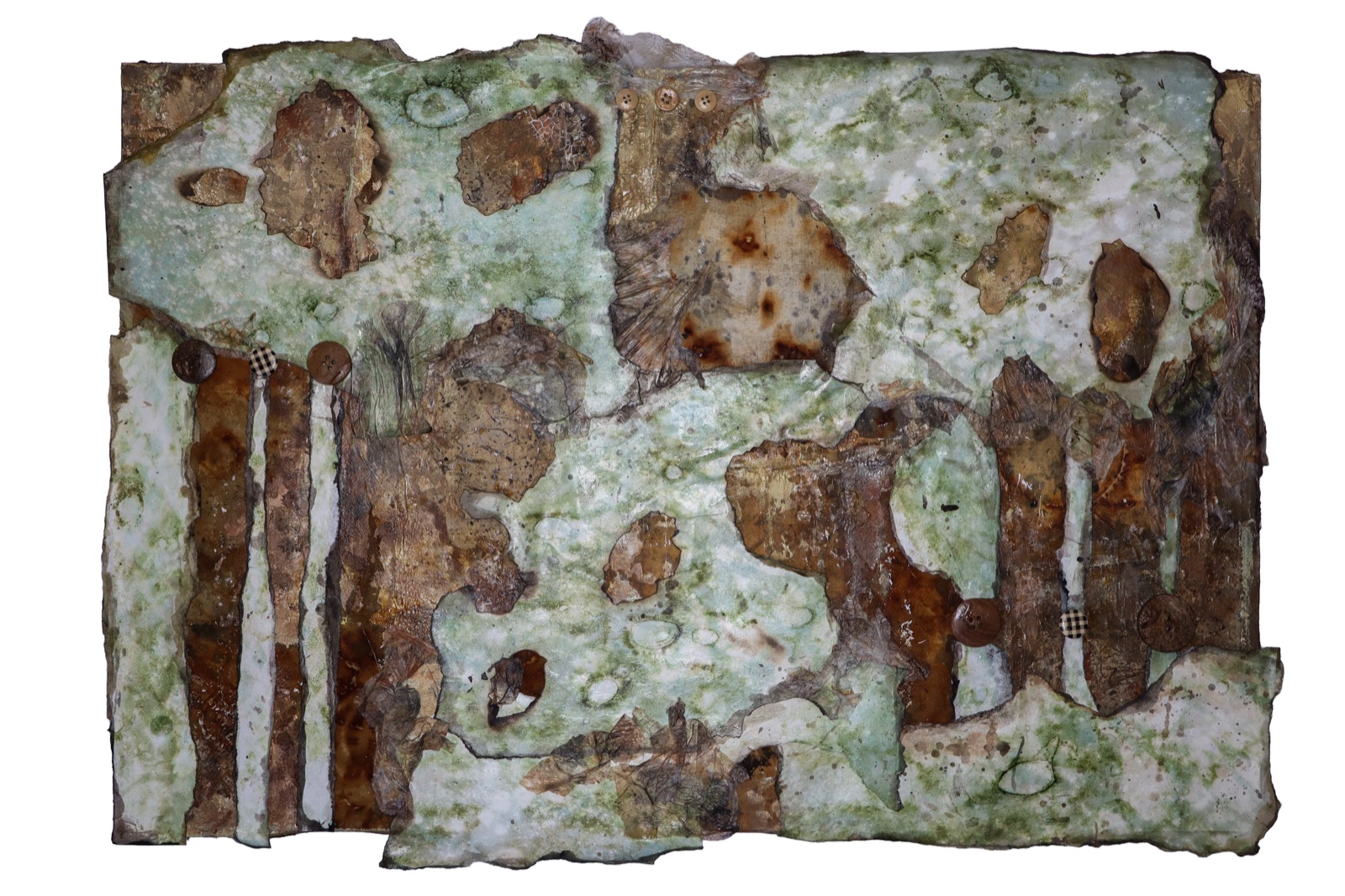 Exposure, a green and rust-colored layered mixed-media work