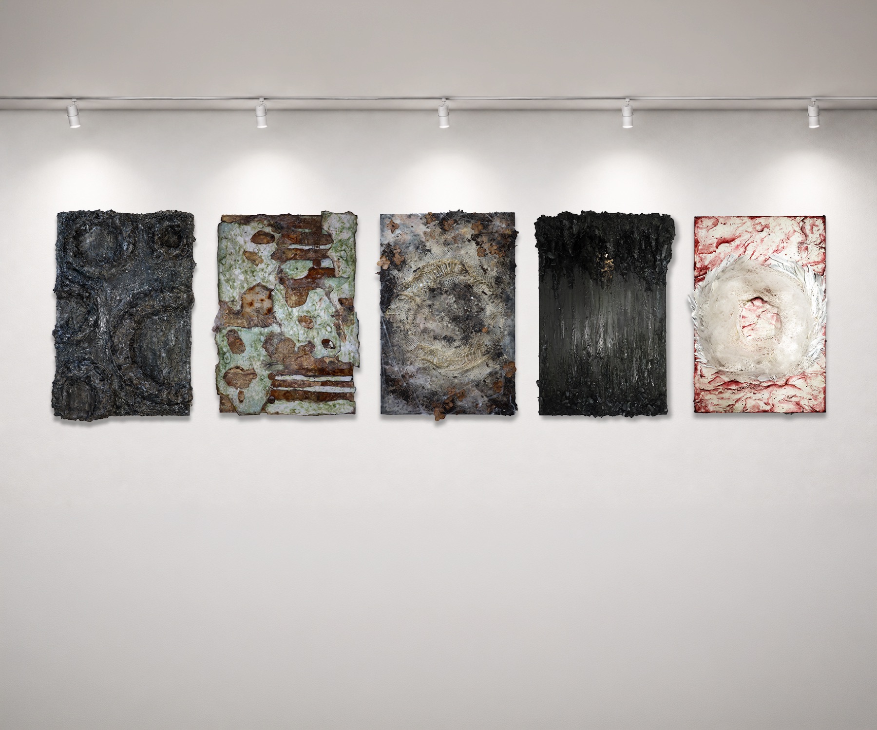The five Apoptosis mixed-media works displayed together in sequence